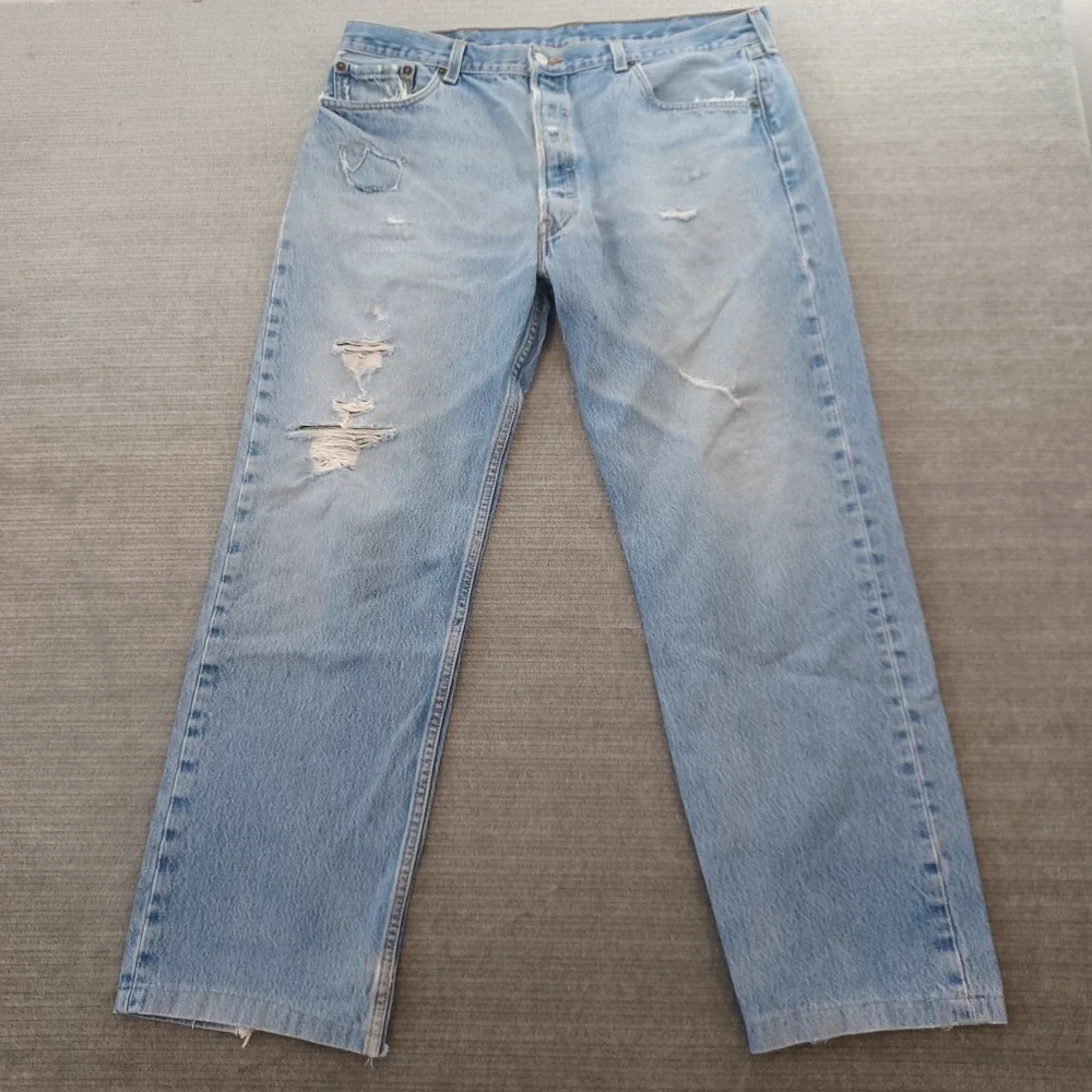 Levis 501XX Jeans‎ Mens 36x28 Light Wash Button Fly Distressed Straight Leg